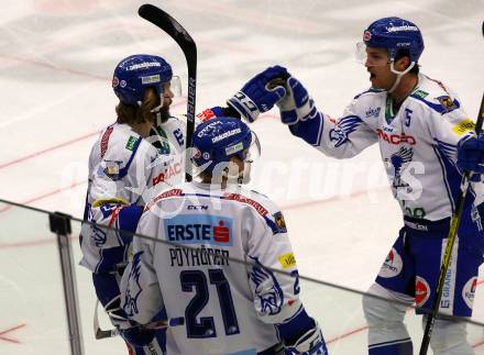 EBEL. Eishockey Bundesliga. VSV gegen HC Orli Znojmo.  Torjubel Patrick Bjorkstrand, Brodie Reid, Marko Poeyhoenen (VSV). Villach, am 19.1.2020.
Foto: Kuess
www.qspictures.net
---
pressefotos, pressefotografie, kuess, qs, qspictures, sport, bild, bilder, bilddatenbank