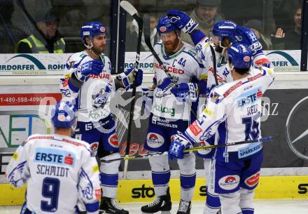 EBEL. Eishockey Bundesliga. VSV gegen HC Orli Znojmo. Torjubel  Jerry Pollastrone, Jamie Fraser, Patrick Bjorkstrand, Brodie Reid, Kevin Schmidt  (VSV). Villach, am 19.1.2020.
Foto: Kuess
www.qspictures.net
---
pressefotos, pressefotografie, kuess, qs, qspictures, sport, bild, bilder, bilddatenbank