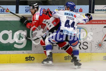 EBEL. Eishockey Bundesliga. VSV gegen HC Orli Znojmo.  Jamie Fraser,  (VSV), Parker Bowles (Znaim). Villach, am 19.1.2020.
Foto: Kuess
www.qspictures.net
---
pressefotos, pressefotografie, kuess, qs, qspictures, sport, bild, bilder, bilddatenbank