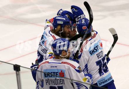 EBEL. Eishockey Bundesliga. VSV gegen HC Orli Znojmo.  Torjubel Patrick Bjorkstrand, Brodie Reid, Marko Poeyhoenen, Jerry Pollastrone (VSV). Villach, am 19.1.2020.
Foto: Kuess
www.qspictures.net
---
pressefotos, pressefotografie, kuess, qs, qspictures, sport, bild, bilder, bilddatenbank