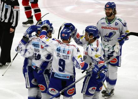 EBEL. Eishockey Bundesliga. VSV gegen HC Orli Znojmo.  Torjubel Jamie Fraser, Kevin Schmidt, Jerry Pollastrone, Brodie Reid, Patrick Bjorkstrand (VSV). Villach, am 19.1.2020.
Foto: Kuess
www.qspictures.net
---
pressefotos, pressefotografie, kuess, qs, qspictures, sport, bild, bilder, bilddatenbank