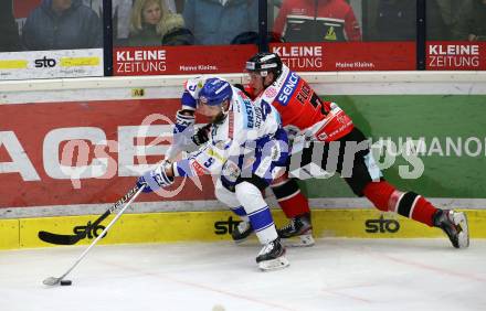 EBEL. Eishockey Bundesliga. VSV gegen HC Orli Znojmo.  Kevin Schmidt, (VSV), Robert Flick  (Znaim). Villach, am 19.1.2020.
Foto: Kuess
www.qspictures.net
---
pressefotos, pressefotografie, kuess, qs, qspictures, sport, bild, bilder, bilddatenbank