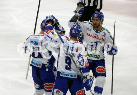 EBEL. Eishockey Bundesliga. VSV gegen HC Orli Znojmo.  Torjubel Jamie Fraser, Kevin Schmidt, Jerry Pollastrone (VSV). Villach, am 19.1.2020.
Foto: Kuess
www.qspictures.net
---
pressefotos, pressefotografie, kuess, qs, qspictures, sport, bild, bilder, bilddatenbank