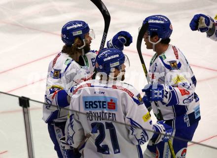 EBEL. Eishockey Bundesliga. VSV gegen HC Orli Znojmo.  Torjubel Patrick Bjorkstrand, Brodie Reid, Marko Poeyhoenen (VSV). Villach, am 19.1.2020.
Foto: Kuess
www.qspictures.net
---
pressefotos, pressefotografie, kuess, qs, qspictures, sport, bild, bilder, bilddatenbank