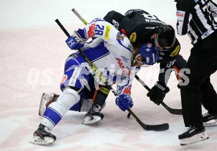 EBEL. Eishockey Bundesliga. VSV gegen Dornbirn Bulldogs.  Miika Lahti,  (VSV), Juhani Timo Tapio Tamminen (Dornbirn). Villach, am 31.1.2020.
Foto: Kuess
www.qspictures.net
---
pressefotos, pressefotografie, kuess, qs, qspictures, sport, bild, bilder, bilddatenbank