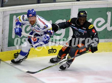 EBEL. Eishockey Bundesliga. VSV gegen Dornbirn Bulldogs.  Jamie Fraser,  (VSV), Jordan Carmichael Subban (Dornbirn). Villach, am 31.1.2020.
Foto: Kuess
www.qspictures.net
---
pressefotos, pressefotografie, kuess, qs, qspictures, sport, bild, bilder, bilddatenbank