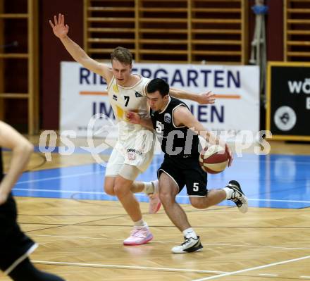 Basketball Zweite Liga 2019/2020. Grunddurchgang 20. Runde. Woerthersee Piraten gegen Raiders Tirol. Lukas Simoner (Piraten), Nemanja Markovic (Tirol). Klagenfurt, am 1.2.2020.
Foto: Kuess
www.qspictures.net

---
pressefotos, pressefotografie, kuess, qs, qspictures, sport, bild, bilder, bilddatenbank