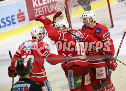 EBEL. Eishockey Bundesliga. KAC gegen	spusu Vienna Capitals. Torjubel Kozek Andrew Jacob, Geier Stefan, Liivik Siim, Harand Patrick,  (KAC). Klagenfurt, am 2.2.2020.
Foto: Kuess
www.qspictures.net

---
pressefotos, pressefotografie, kuess, qs, qspictures, sport, bild, bilder, bilddatenbank