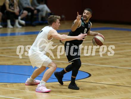 Basketball Zweite Liga 2019/2020. Grunddurchgang 20. Runde. Woerthersee Piraten gegen Raiders Tirol. Lukas Simoner (Piraten), Lisandro Nowakowski (Tirol). Klagenfurt, am 1.2.2020.
Foto: Kuess
www.qspictures.net

---
pressefotos, pressefotografie, kuess, qs, qspictures, sport, bild, bilder, bilddatenbank
