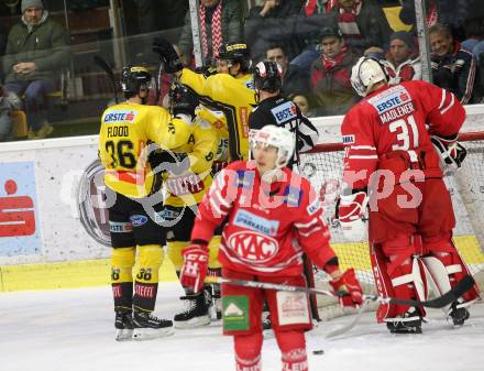 EBEL. Eishockey Bundesliga. KAC gegen	spusu Vienna Capitals.  Torjubel Rotter Rafael, Flood Mark, Olden Sondre, Piff Lukas (Vienna Capitals). Klagenfurt, am 2.2.2020.
Foto: Kuess
www.qspictures.net

---
pressefotos, pressefotografie, kuess, qs, qspictures, sport, bild, bilder, bilddatenbank