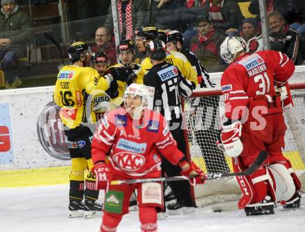 EBEL. Eishockey Bundesliga. KAC gegen	spusu Vienna Capitals.  Torjubel Rotter Rafael, Flood Mark, Olden Sondre, Piff Lukas (Vienna Capitals). Klagenfurt, am 2.2.2020.
Foto: Kuess
www.qspictures.net

---
pressefotos, pressefotografie, kuess, qs, qspictures, sport, bild, bilder, bilddatenbank