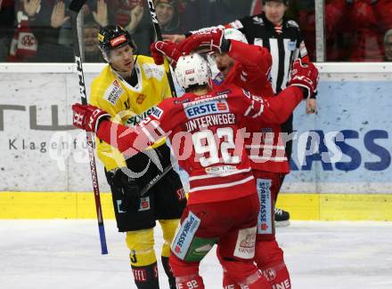 EBEL. Eishockey Bundesliga. KAC gegen	spusu Vienna Capitals. Torjubel Thomas Hundertpfund, Clemens Unterweger (KAC). Klagenfurt, am 2.2.2020.
Foto: Kuess
www.qspictures.net

---
pressefotos, pressefotografie, kuess, qs, qspictures, sport, bild, bilder, bilddatenbank