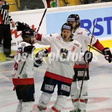 Eishockey Laenderspiel. Oesterreich gegen Norwegen. Torjubel Johannes Bischofberger, Manuel Ganahl, Daniel Obersteiner (Oesterreich). Klagenfurt, am 7.2.2020.
Foto: Kuess
www.qspictures.net

---
pressefotos, pressefotografie, kuess, qs, qspictures, sport, bild, bilder, bilddatenbank