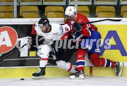 Eishockey Laenderspiel. Oesterreich gegen Norwegen. Florian Baltram, (Oesterreich), Samuel Solem  (Norwegen). Klagenfurt, am 7.2.2020.
Foto: Kuess
www.qspictures.net

---
pressefotos, pressefotografie, kuess, qs, qspictures, sport, bild, bilder, bilddatenbank