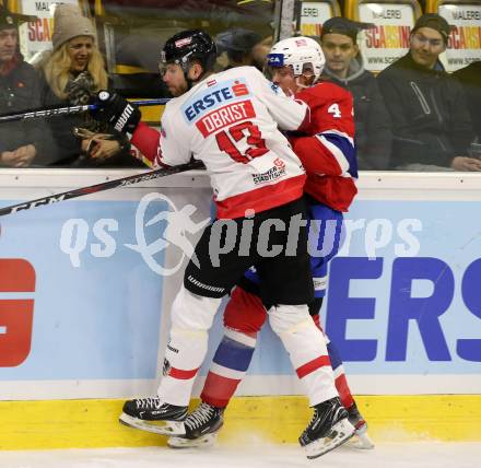 Eishockey Laenderspiel. Oesterreich gegen Norwegen. Patrick Obrist,  (Oesterreich), Johannes Johannesen (Norwegen). Klagenfurt, am 7.2.2020.
Foto: Kuess
www.qspictures.net

---
pressefotos, pressefotografie, kuess, qs, qspictures, sport, bild, bilder, bilddatenbank