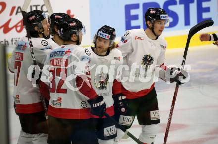 Eishockey Laenderspiel. Oesterreich gegen Norwegen. Torjubel Johannes Bischofberger, Manuel Ganahl, Daniel Obersteiner, Clemens Unterweger, Bernd Wolf (Oesterreich). Klagenfurt, am 7.2.2020.
Foto: Kuess
www.qspictures.net

---
pressefotos, pressefotografie, kuess, qs, qspictures, sport, bild, bilder, bilddatenbank