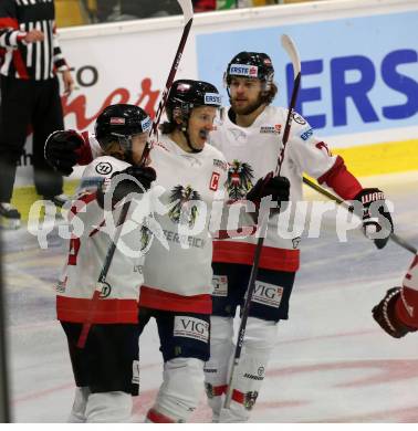 Eishockey Laenderspiel. Oesterreich gegen Norwegen. Torjubel Johannes Bischofberger, Manuel Ganahl, Daniel Obersteiner (Oesterreich). Klagenfurt, am 7.2.2020.
Foto: Kuess
www.qspictures.net

---
pressefotos, pressefotografie, kuess, qs, qspictures, sport, bild, bilder, bilddatenbank