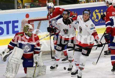 Eishockey Laenderspiel. Oesterreich gegen Norwegen. Torjubel Dominic Zwerger, Alexander Pallestrang (Oesterreich). Klagenfurt, am 7.2.2020.
Foto: Kuess
www.qspictures.net

---
pressefotos, pressefotografie, kuess, qs, qspictures, sport, bild, bilder, bilddatenbank