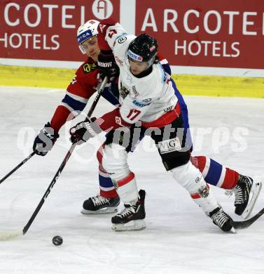 Eishockey Laenderspiel. Oesterreich gegen Norwegen. Manuel Ganahl, (Oesterreich), Christian Bull  (Norwegen). Klagenfurt, am 7.2.2020.
Foto: Kuess
www.qspictures.net

---
pressefotos, pressefotografie, kuess, qs, qspictures, sport, bild, bilder, bilddatenbank