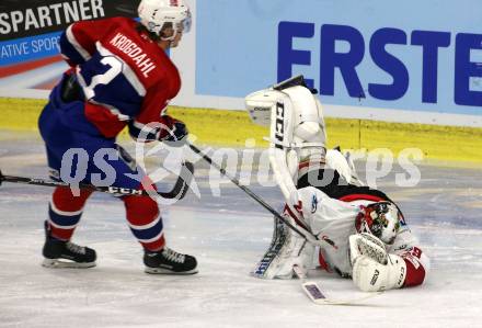Eishockey Laenderspiel. Oesterreich gegen Norwegen. Bernhard Starkbaum,  (Oesterreich), Max Krogdahl (Norwegen). Klagenfurt, am 7.2.2020.
Foto: Kuess
www.qspictures.net

---
pressefotos, pressefotografie, kuess, qs, qspictures, sport, bild, bilder, bilddatenbank