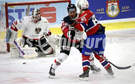 Eishockey Laenderspiel. Oesterreich gegen Norwegen. Clemens Unterweger, Bernhard Starkbaum,  (Oesterreich), Michael Haga (Norwegen). Klagenfurt, am 7.2.2020.
Foto: Kuess
www.qspictures.net

---
pressefotos, pressefotografie, kuess, qs, qspictures, sport, bild, bilder, bilddatenbank