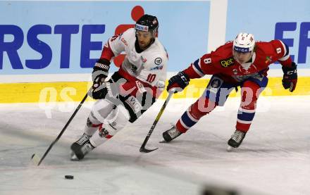Eishockey Laenderspiel. Oesterreich gegen Norwegen. Florian Baltram,  (Oesterreich), Mathias Trettenes (Norwegen). Klagenfurt, am 7.2.2020.
Foto: Kuess
www.qspictures.net

---
pressefotos, pressefotografie, kuess, qs, qspictures, sport, bild, bilder, bilddatenbank