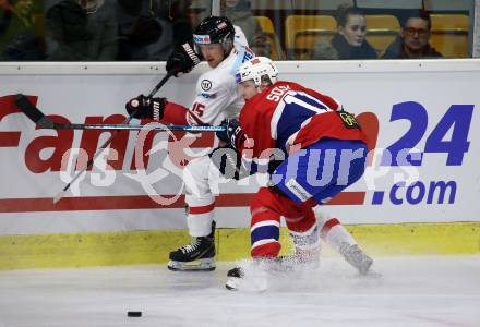Eishockey Laenderspiel. Oesterreich gegen Norwegen. Lukas Schreier,  (Oesterreich), Samuel Solem (Norwegen). Klagenfurt, am 7.2.2020.
Foto: Kuess
www.qspictures.net

---
pressefotos, pressefotografie, kuess, qs, qspictures, sport, bild, bilder, bilddatenbank