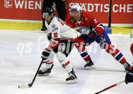 Eishockey Laenderspiel. Oesterreich gegen Norwegen. Florian Baltram,  (Oesterreich), Jorgen Karterud (Norwegen). Klagenfurt, am 7.2.2020.
Foto: Kuess
www.qspictures.net

---
pressefotos, pressefotografie, kuess, qs, qspictures, sport, bild, bilder, bilddatenbank