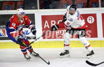 Eishockey Laenderspiel. Oesterreich gegen Norwegen. Patrick Spannring,  (Oesterreich), Gusrav Willman Borvik (Norwegen). Klagenfurt, am 7.2.2020.
Foto: Kuess
www.qspictures.net

---
pressefotos, pressefotografie, kuess, qs, qspictures, sport, bild, bilder, bilddatenbank