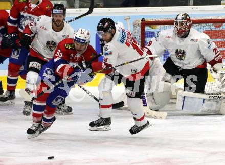 Eishockey Laenderspiel. Oesterreich gegen Norwegen. Patrick Obrist,  (Oesterreich), Thomas Valkvae Olsen (Norwegen). Klagenfurt, am 7.2.2020.
Foto: Kuess
www.qspictures.net

---
pressefotos, pressefotografie, kuess, qs, qspictures, sport, bild, bilder, bilddatenbank