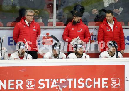 Eishockey Laenderspiel. Oesterreich gegen Norwegen. Trainer Roger Bader, Co-Trainer Markus Peintner, Co-Trainer Philipp Lukas (Oesterreich). Klagenfurt, am 7.2.2020.
Foto: Kuess
www.qspictures.net

---
pressefotos, pressefotografie, kuess, qs, qspictures, sport, bild, bilder, bilddatenbank
