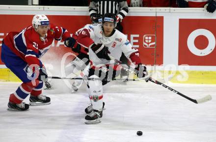 Eishockey Laenderspiel. Oesterreich gegen Norwegen. Manuel Ganahl, (Oesterreich), Christian Bull  (Norwegen). Klagenfurt, am 7.2.2020.
Foto: Kuess
www.qspictures.net

---
pressefotos, pressefotografie, kuess, qs, qspictures, sport, bild, bilder, bilddatenbank