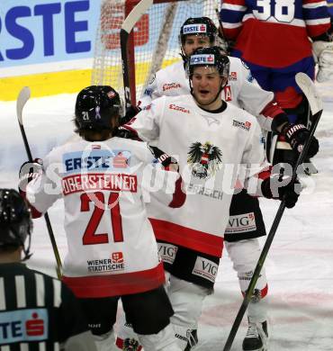 Eishockey Laenderspiel. Oesterreich gegen Norwegen. Torjubel Dominic Zwerger, Alexander Pallestrang, Daniel Obersteiner (Oesterreich). Klagenfurt, am 7.2.2020.
Foto: Kuess
www.qspictures.net

---
pressefotos, pressefotografie, kuess, qs, qspictures, sport, bild, bilder, bilddatenbank