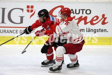 Eishockey Laenderspiel. Oesterreich gegen Daenemark. Patrick Spannring,  (Oesterreich), Mathias Lassen (Daenemark). Klagenfurt, am 8.2.2020.
Foto: Kuess
www.qspictures.net

---
pressefotos, pressefotografie, kuess, qs, qspictures, sport, bild, bilder, bilddatenbank