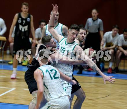 Basketball Zweite Liga 2019/2020. Grunddurchgang 21. Runde. KOS Celovec gegen  Woerthersee Piraten.  Rijad Dzigal (KOS Celovec), Ziga Erculj, Maximilian Kunovjanek (Piraten). Klagenfurt, am 8.2.2020.
Foto: Kuess
www.qspictures.net

---
pressefotos, pressefotografie, kuess, qs, qspictures, sport, bild, bilder, bilddatenbank
