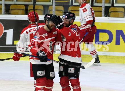 Eishockey Laenderspiel. Oesterreich gegen Daenemark. Torjubel Patrick Obrist, Patrick Spannring (Oesterreich). Klagenfurt, am 8.2.2020.
Foto: Kuess
www.qspictures.net

---
pressefotos, pressefotografie, kuess, qs, qspictures, sport, bild, bilder, bilddatenbank