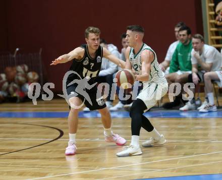 Basketball Zweite Liga 2019/2020. Grunddurchgang 21. Runde. KOS Celovec gegen  Woerthersee Piraten. Martin Bajc (KOS Celovec), Lukas Simoner (Piraten). Klagenfurt, am 8.2.2020.
Foto: Kuess
www.qspictures.net

---
pressefotos, pressefotografie, kuess, qs, qspictures, sport, bild, bilder, bilddatenbank
