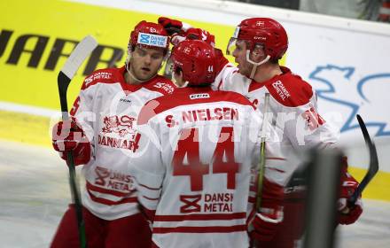 Eishockey Laenderspiel. Oesterreich gegen Daenemark. Torjubel (Daenemark). Klagenfurt, am 8.2.2020.
Foto: Kuess
www.qspictures.net

---
pressefotos, pressefotografie, kuess, qs, qspictures, sport, bild, bilder, bilddatenbank