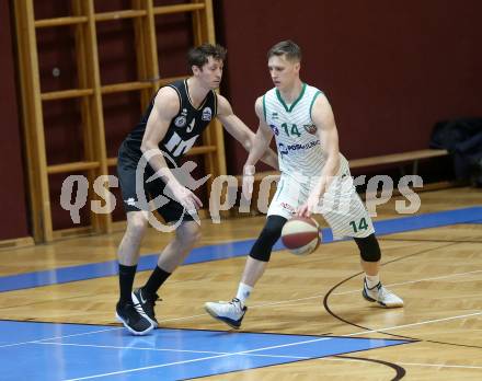 Basketball Zweite Liga 2019/2020. Grunddurchgang 21. Runde. KOS Celovec gegen  Woerthersee Piraten. Lovro Fizuleto (KOS Celovec), Simon Finzgar (Piraten). Klagenfurt, am 8.2.2020.
Foto: Kuess
www.qspictures.net

---
pressefotos, pressefotografie, kuess, qs, qspictures, sport, bild, bilder, bilddatenbank