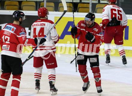 Eishockey Laenderspiel. Oesterreich gegen Daenemark. Torjubel Patrick Spannring, Patrick Obrist (Oesterreich). Klagenfurt, am 8.2.2020.
Foto: Kuess
www.qspictures.net

---
pressefotos, pressefotografie, kuess, qs, qspictures, sport, bild, bilder, bilddatenbank