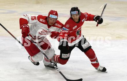 Eishockey Laenderspiel. Oesterreich gegen Daenemark. Johannes Bischofberger, (Oesterreich), Mathias Lassen  (Daenemark). Klagenfurt, am 8.2.2020.
Foto: Kuess
www.qspictures.net

---
pressefotos, pressefotografie, kuess, qs, qspictures, sport, bild, bilder, bilddatenbank