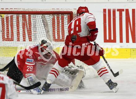 Eishockey Laenderspiel. Oesterreich gegen Daenemark. Bernhard Starkbaum,  (Oesterreich), Nicholas Jensen (Daenemark). Klagenfurt, am 8.2.2020.
Foto: Kuess
www.qspictures.net

---
pressefotos, pressefotografie, kuess, qs, qspictures, sport, bild, bilder, bilddatenbank