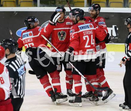 Eishockey Laenderspiel. Oesterreich gegen Daenemark. Torjubel Martin Ulmer, Gerd Kragl, Patrick Obrist, Patrick Spannring, Steven Strong (Oesterreich). Klagenfurt, am 8.2.2020.
Foto: Kuess
www.qspictures.net

---
pressefotos, pressefotografie, kuess, qs, qspictures, sport, bild, bilder, bilddatenbank