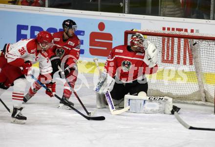 Eishockey Laenderspiel. Oesterreich gegen Daenemark. Daniel Jakubitzka, Bernhard Starkbaum,  (Oesterreich), Morten Poulsen (Daenemark). Klagenfurt, am 8.2.2020.
Foto: Kuess
www.qspictures.net

---
pressefotos, pressefotografie, kuess, qs, qspictures, sport, bild, bilder, bilddatenbank