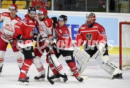 Eishockey Laenderspiel. Oesterreich gegen Daenemark. Patrick Obrist, Gerd Kragl, Bernhard Starkbaum,  (Oesterreich), Patrick Bjorkstrand (Daenemark). Klagenfurt, am 8.2.2020.
Foto: Kuess
www.qspictures.net

---
pressefotos, pressefotografie, kuess, qs, qspictures, sport, bild, bilder, bilddatenbank