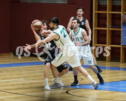 Basketball Zweite Liga 2019/2020. Grunddurchgang 21. Runde. KOS Celovec gegen  Woerthersee Piraten. Marin Sliskovic, Toman Feinig (KOS Celovec),  Sebastian Schaal (Piraten). Klagenfurt, am 8.2.2020.
Foto: Kuess
www.qspictures.net

---
pressefotos, pressefotografie, kuess, qs, qspictures, sport, bild, bilder, bilddatenbank
