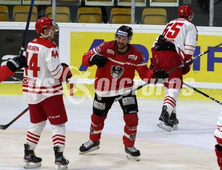 Eishockey Laenderspiel. Oesterreich gegen Daenemark. Torjubel Patrick Spannring (Oesterreich). Klagenfurt, am 8.2.2020.
Foto: Kuess
www.qspictures.net

---
pressefotos, pressefotografie, kuess, qs, qspictures, sport, bild, bilder, bilddatenbank