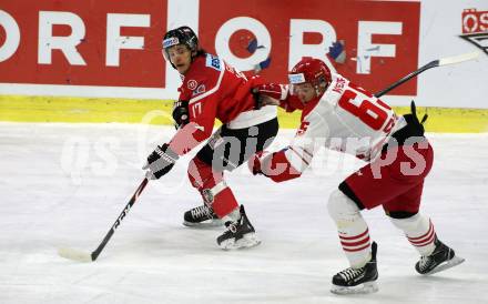 Eishockey Laenderspiel. Oesterreich gegen Daenemark. Manuel Ganahl,  (Oesterreich), Christian Wejse Mathiesen (Daenemark). Klagenfurt, am 8.2.2020.
Foto: Kuess
www.qspictures.net

---
pressefotos, pressefotografie, kuess, qs, qspictures, sport, bild, bilder, bilddatenbank