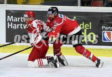 Eishockey Laenderspiel. Oesterreich gegen Daenemark. Alexander Pallestrang, (Oesterreich),  Julian Jakobsen (Daenemark). Klagenfurt, am 8.2.2020.
Foto: Kuess
www.qspictures.net

---
pressefotos, pressefotografie, kuess, qs, qspictures, sport, bild, bilder, bilddatenbank