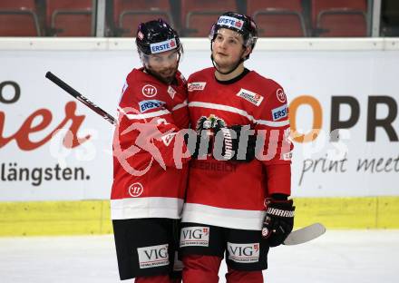 Eishockey Laenderspiel. Oesterreich gegen Daenemark. Torjubel Peter Schneider, Dominic Zwerger (Oesterreich). Klagenfurt, am 8.2.2020.
Foto: Kuess
www.qspictures.net

---
pressefotos, pressefotografie, kuess, qs, qspictures, sport, bild, bilder, bilddatenbank